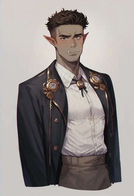 score_9, score_8_up, score_7_up, Male half-orc, short hair, skinny build, artificer, grey skin, steampunk outfit, scars, fantasy style, steampunk engineer, waist-high, steampunk black coat, steampunk formal shirt, solo