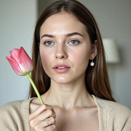 A photo-realistic shoot from a close-up camera angle about a young woman holding a pink tulip, with a soft, blurred background. the image also shows a close up of her face and upper body, showcasing her delicate features. on the middle of the image, a 20 years old woman with light skin, brown hair, and freckles, who appears to be a young adult, is facing the viewer and looking to the side, with her blue eyes looking directly at the viewer. she is wearing a cream-colored sweater and silver earrings, and has a ring on her finger. her lips are slightly parted, and she is holding a single pink and white tulip in her left hand. the woman has a serene expression, and her body is slim.