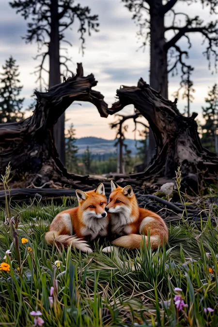 In the heart of a wildfire-scorched forest, where blackened trees stand like skeletal remains and smoke lingers in the air, two red foxes rest beneath the charred remains of a fallen tree, its broken trunk forming a natural heart shape. Amidst the devastation, new grass begins to grow, and wildflowers push through the ash, their fragile beauty mirroring the quiet resilience of the foxes. Their fur is illuminated by the soft, golden afterglow of the setting sun, a beacon of warmth and hope in the desolate landscape.
<lora:ethereal-romantic-glow-flux:1> <lora:paws-and-hearts-flux:1>
