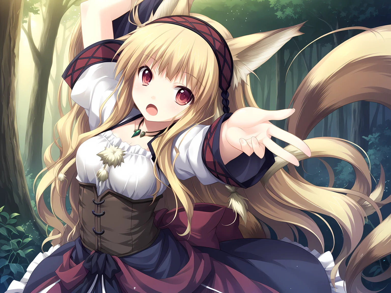 incoming hug,arms up,reaching,neneka,eushully,breasts,1girl,solo,animal ears,long hair,tail,red eyes,open mouth,blonde hair,fox ears,fox tail,dress,hairband,forest,<lora:Margarita_-_Eiferia_-_Neneka_-_Madou_Koukaku_-_Eushully:0.85>,, score_9, score_8_up, score_7_up,source_anime,(masterpiece),(best quality),(ultra-detailed),(best illustration),(best shadow),(absurdres),(detailed background),(very aesthetic),source_anime