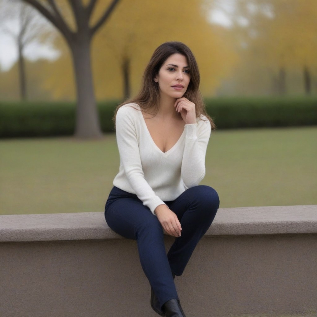 mujer sentada en el parque, cruzada de piernas en pantalones de lana