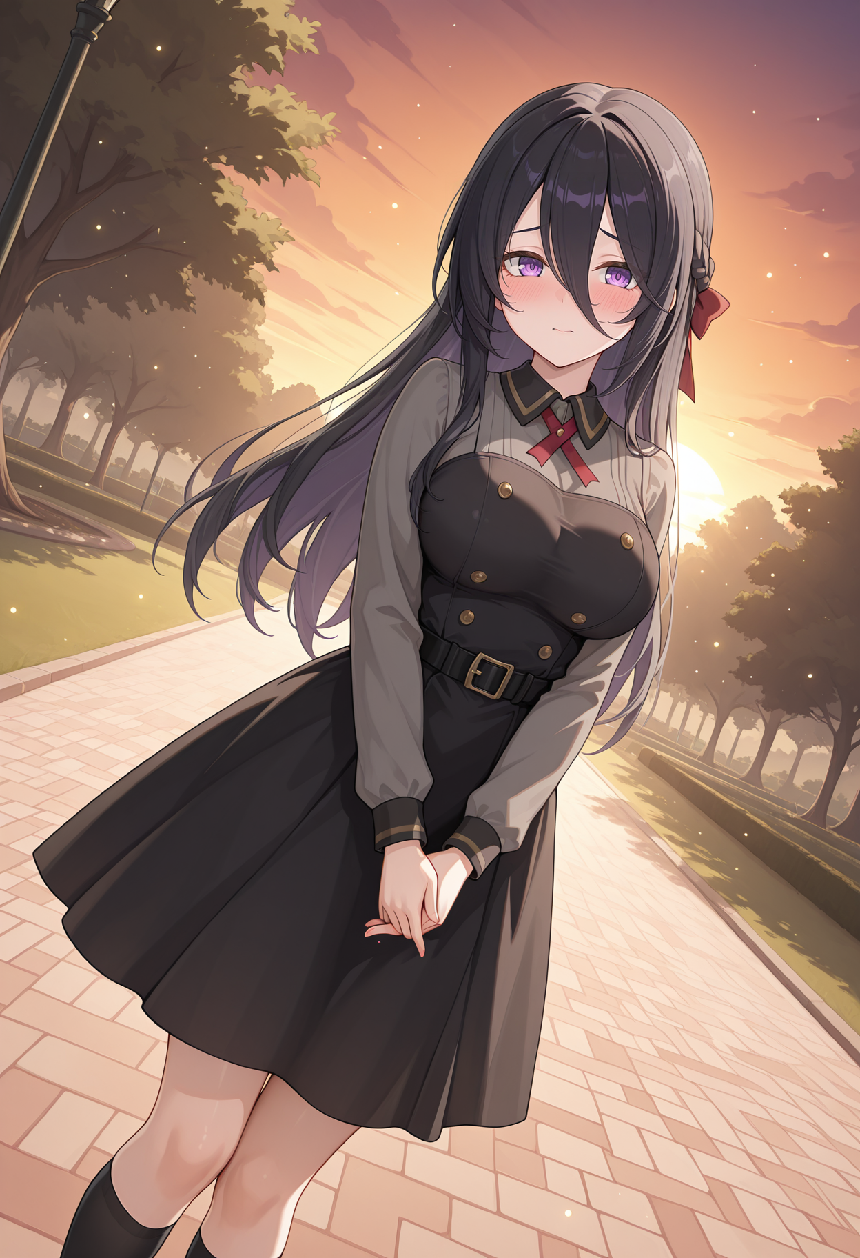 highres, best quality, masterpiece, outdoors, sunset, park,
1girl, solo, rlranpha, black hair, long hair, purple eyes, hair between eyes, hair bow, red ribbon, braid, large breasts, medium breasts, 
black dress, pinafore dress, grey shirt, long sleeves, black belt, kneehighs, black socks,
looking at viewer, blush, 
dutch angle, own hands together, light particles, 
<lora:_ranpha_pcr-elesico-ilxlB:1>