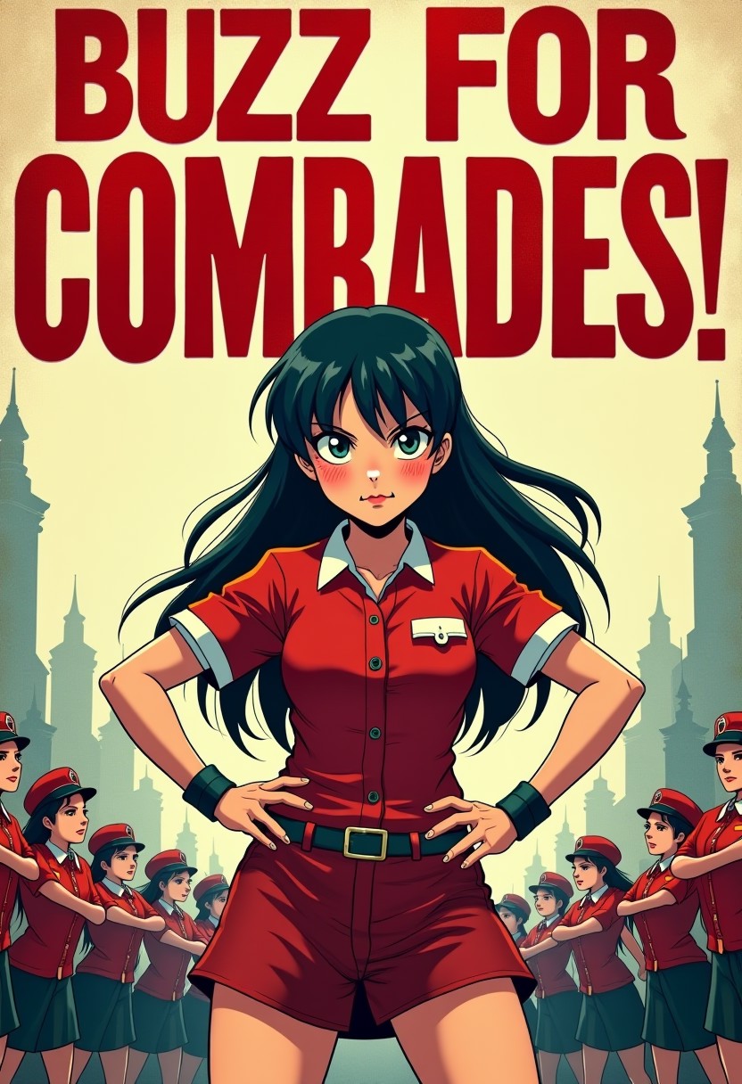 old poster with large inscription "BUZZ FOR COMRADES!", menacing, evil communist girl with her hands on her hips, crowd, anime style