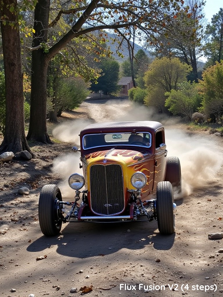 The image captures a vintage hot rod speeding down a dusty rural road, kicking up clouds of dirt as it drifts around a bend. The car has an aggressive flame paint job, with bright yellow and orange flames licking up from the dark red body. The chrome grill and detailing gleam in the sunlight, giving it a classic, retro aesthetic. Tall trees with autumn leaves line the dirt road, their branches casting shadows on the car, while the dust adds a sense of motion and intensity. The scene is a blend of nostalgia, power, and freedom, evoking the spirit of old-school racing.






