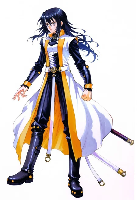 score_8, score_8_up, score_7_up, source_anime, traditional media, 1girl, female focus, solo, Azlier_SN, black hair, bangs, hair between eyes, long hair, sidelocks, grey eyes, white coat, collared coat, sleeveless coat, open coat, gorget, black gorget, brooch, white shirt, turtleneck shirt, black turtleneck, black sleeves, armor, belt, bracers, black pants, greaves, metal boots, full body, simple background, white background
