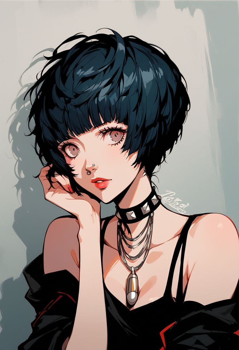 core_9, score_8_up, score_7_up, anime style, ultra detailed, Excellent quality, high resolution, close view, 1woman, cute, beautiful, beautiful eyes, anime style, Tae Takemi character, Persona 5 character, sitting in front of the mirror, doing makeup, painting lips, lipstick in hand, open mouth, black dress with razors, nose piercing, eyebrow piercing