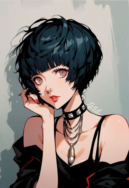 core_9, score_8_up, score_7_up, anime style, ultra detailed, Excellent quality, high resolution, close view, 1woman, cute, beautiful, beautiful eyes, anime style, Tae Takemi character, Persona 5 character, sitting in front of the mirror, doing makeup, painting lips, lipstick in hand, open mouth, black dress with razors, nose piercing, eyebrow piercing