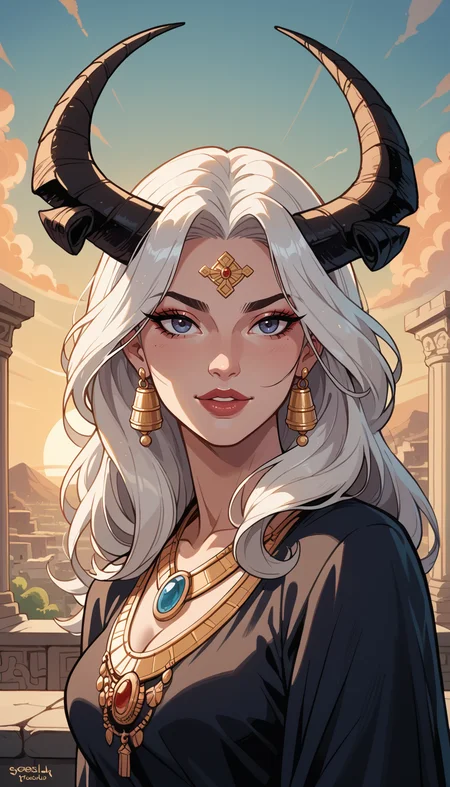 score_9, score_8_up, score_7_up, Western Comics, Portrait, girl, fantasy, cute, seductive, innocent, light smile:0.3, plump lips, slender body, marble-like skin, Beautifully crafted, large, dark, spiraled horns, adorned with gold, delicate appearance, with ethereal, white hair, the figure is turned away, gazing downward thoughtfully, showcasing detailed wing-like structures and captivating textures throughout, sunset, ancient greek background, depth of field, dynamic angle, fashion photography, sharp, hyperdetailed:1.15