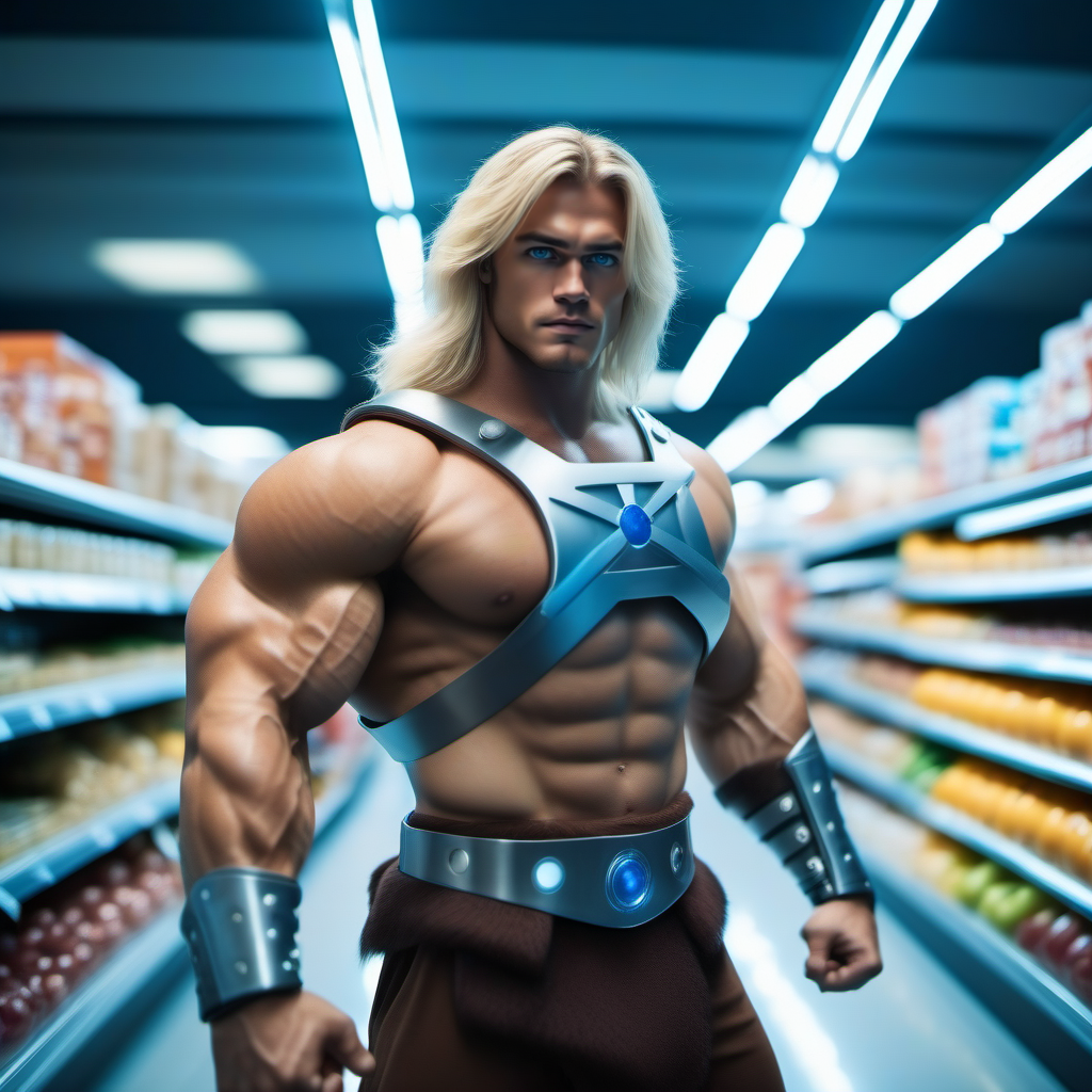 cinematic photo a muscular man, blond long hair, blue eyes, boots, manly, armor, energy sword, in a grocery store <lora:He-man1024:0.8> . 35mm photograph, film, bokeh, professional, 4k, highly detailed