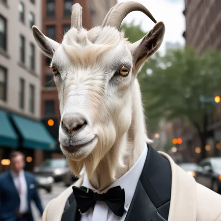 photorealistic, gentleman goats01 in a tuxedo face enhanced, on a Manhattan street, in the style of <lora:goats01-xl:1>