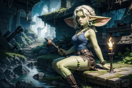 <lora:FantasyRuins:0.8> FanRu, sinister fantasy world, ruins, overgrown, best quality, masterpiece, <lora:more_details:0.65>, <lora:goblin_datasets_pruned:1> goblin girl, fewer digits, <lora:unexptits_v15:-0.3> large breasts, great legs, short, green skin, long flowing hair, white hair:1.6, yellow eyes, <lora:short stack3:1> shortstacks, (wearing green sleeveless tank top, feathers, beads, bone accents, distressed leather skirt, knee-high moccasin boots, leather wristbands, bone necklace ):2, thick messy braids with small beads , cave, rough stone walls, moss in crevices, scattered bones, primitive tools, torches