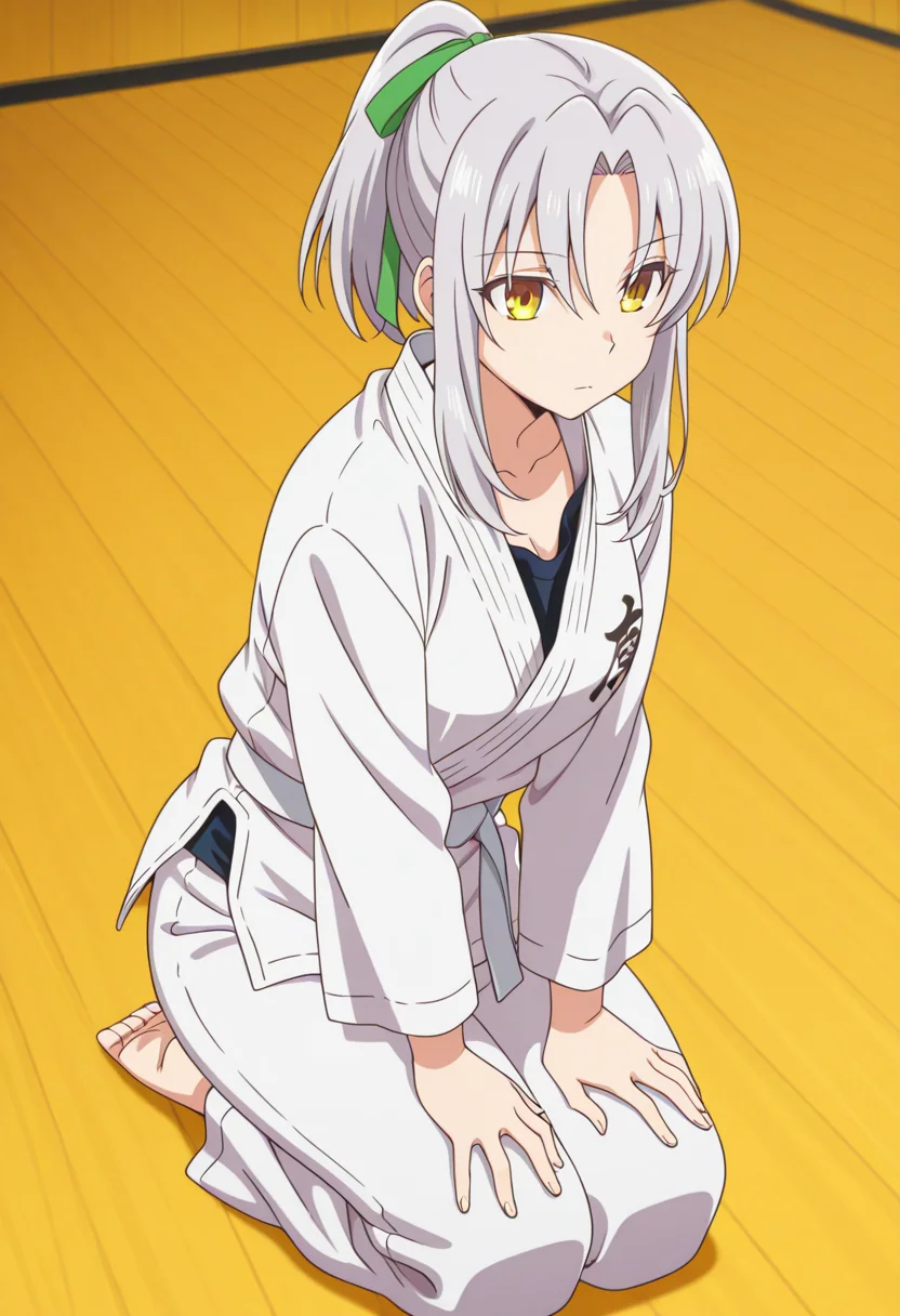 anime screencap, anime coloring, anime colored background, detailed background, detailed face, shiny skin, shiny hair, absurdes, highres, dynamic pose, masterpiece, best quality, official art, cel shaded, graphic illustration, digital painting, CGI, very detailed, amazing quality, intricate details, dynamic pose, HDR, UHD, 8K, Fineline illustration, Highly detailed, ultra-fine painting, sharp focus, Professional, Vivid Colors
BREAK
<lora:Serene_Hozumi:1>, Serene Hozumi, 1girl, solo, short hair, hair between eyes, sidelocks, ponytail, green ribbon, gray hair, parted bangs, yellow eyes, medium breast, dougi, long sleeves, white belt, white pants, sitting on floor, kneeling on floor, hands on knees, legs together, closed mouth, expressionless
BREAK
inside, karate dojo, daytime, <lora:hand 5.5:1> <lora:DetailedEyes_V3:1> <lora:add-detail-xl:1>