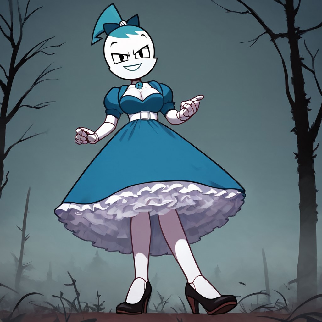 (Masterpiece, best quality:1.2), score_9, score_8_up, flat color, flat shading, soft shading, lighting, Jenny Wakeman as an adult, (((in a 1950's full length formal dark blue dress, a white belt, a fluffy frilly ruffled full white petticoat, and black high heels))), dress, layered petticoat, frilly petticoat, fluffy petticoat, full petticoat, detailed petticoat, wide skirt, detailed outfit, flowing skirt, (((long skirt))), (((solid dark blue colored dress, black high heels))), blue hair, series accurate, cute, best high quality, high res, robot, humanoid robot, (((giant breasts, cleavage))), whole body shot, 1girl, (((solo, outside, in a dark creepy forest, at night, heavy fog surrounding her, fog, heavy fog, looking at you, low angle))), (((evil, evil smile, determined evil eyes, posing gracefully and evilly))), low angle shot, cartoon, cartoon style, vector, solo, circle dress, 1950s, dance dress jenny, jenny wakeman, 1girl, solo, robot joints, black eyes, white skin, ponytail, hair bow, blue rose chest corsage, poofy dress, blue hair, flat lighting,