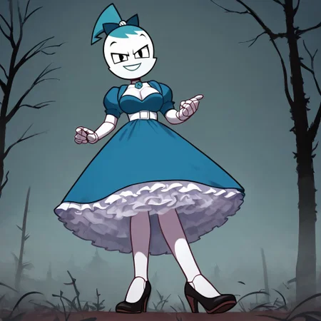 (Masterpiece, best quality:1.2), score_9, score_8_up, flat color, flat shading, soft shading, lighting, Jenny Wakeman as an adult, (((in a 1950's full length formal dark blue dress, a white belt, a fluffy frilly ruffled full white petticoat, and black high heels))), dress, layered petticoat, frilly petticoat, fluffy petticoat, full petticoat, detailed petticoat, wide skirt, detailed outfit, flowing skirt, (((long skirt))), (((solid dark blue colored dress, black high heels))), blue hair, series accurate, cute, best high quality, high res, robot, humanoid robot, (((giant breasts, cleavage))), whole body shot, 1girl, (((solo, outside, in a dark creepy forest, at night, heavy fog surrounding her, fog, heavy fog, looking at you, low angle))), (((evil, evil smile, determined evil eyes, posing gracefully and evilly))), low angle shot, cartoon, cartoon style, vector, solo, circle dress, 1950s, dance dress jenny, jenny wakeman, 1girl, solo, robot joints, black eyes, white skin, ponytail, hair bow, blue rose chest corsage, poofy dress, blue hair, flat lighting,