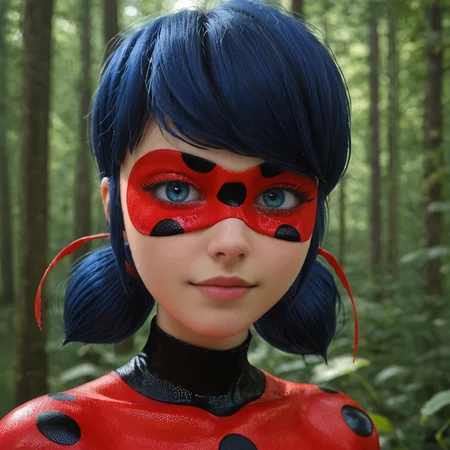 Ladybug in costume, 1girl, domino mask, blue hair, cuitie face, beautiful blue eyes, photorealism, smily for photo in night forest