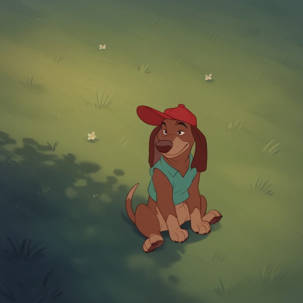 score_9, score_8_up, score_7_up, score_6_up, score_5_up, score_4_up, source_furry, ItchyItchiford, feral, male, Dachshund, brown fur, green shirt, sleeveless, red hat, sitting, outside, in the grass