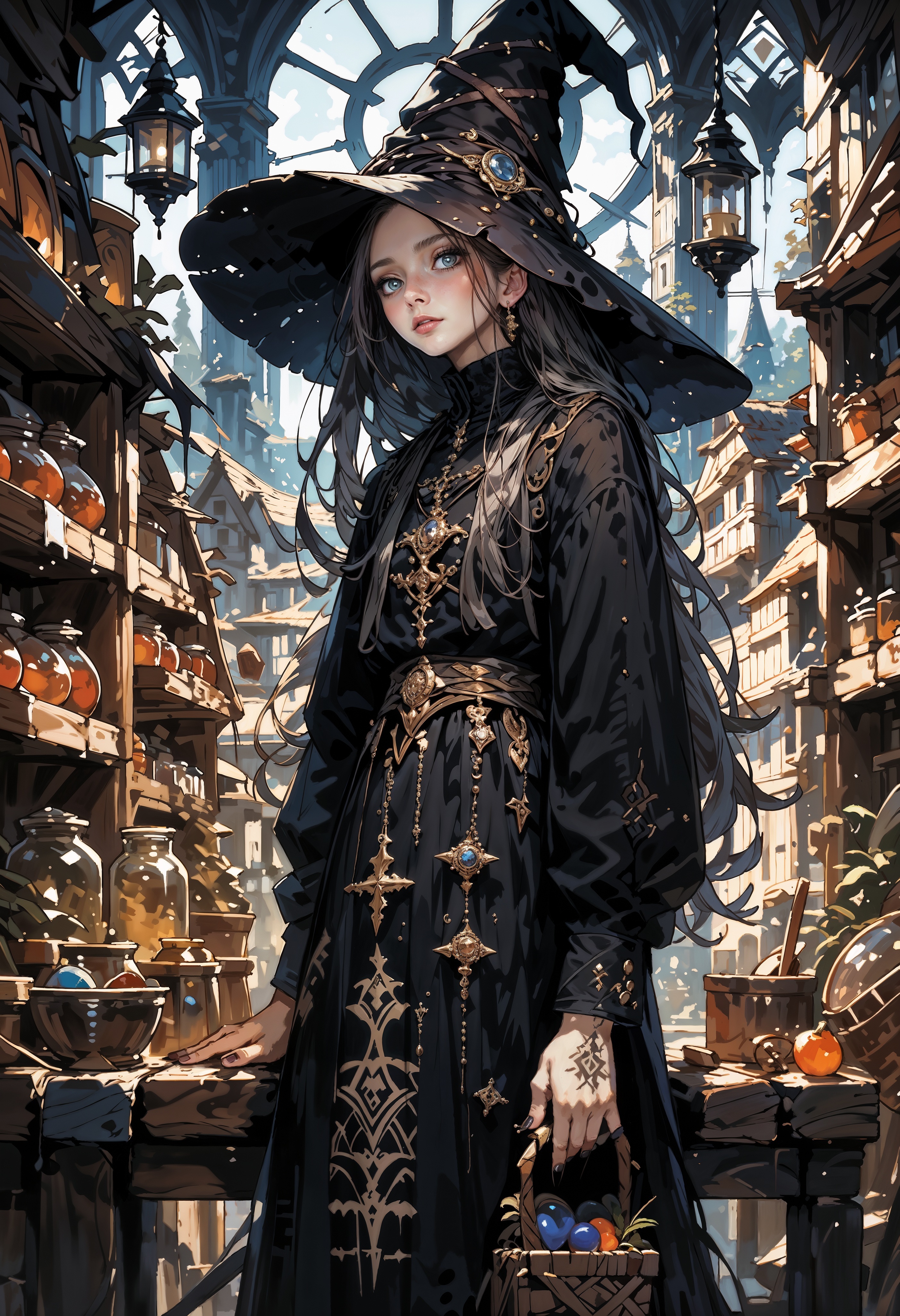 score_9, score_8_up, score_7_up,  1girl,long hair,solo,witch hat,pale skin,shiny,jewelry,black nails,shiny skin,witch dress, fishnets,shiny hair,fingernails, arcane merchant, tattoo, in a magic store, potions on the walls, magic items, orbs, wands, medieval fantasy, 0ddmag1c, curio, shop, oddity  <lora:cr33pp41ntXLP:0.8> cr33pp41nt <lora:Expressive_H-000001:0.8> expressiveh,  <lora:sinfully_stylish_SDXL> <lora:Pony_DetailV1.0> <lora:oddities_shop_specimen:0.8>