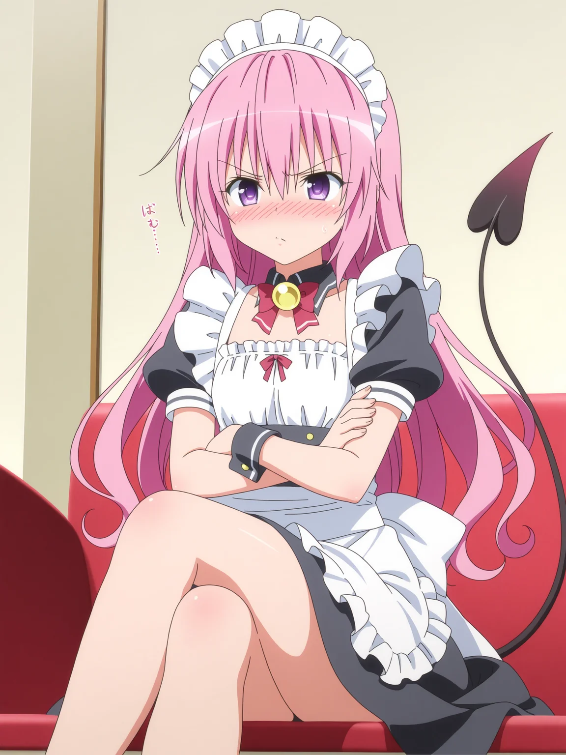 <lora:nana_1:1>,nana,purple eyes,demon tail,tsundere,pink hair,maid,crossed legs,long hair,