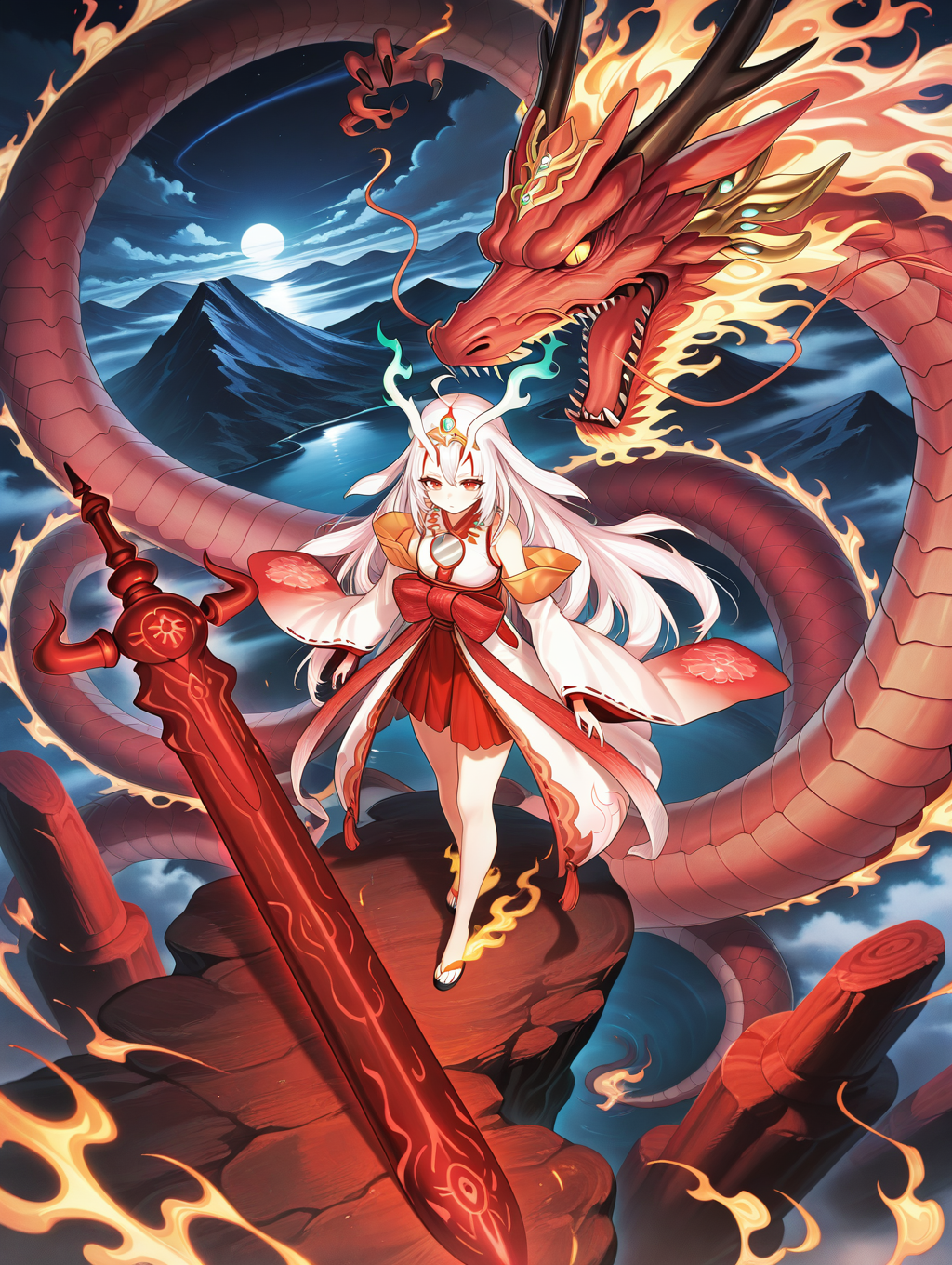 oni girl,kurikara divincarnate,red eastern dragon,1girl,water,floating gigantic sword,solo,standing,white ribbon-trimmed sleeves,cloud,mountain,white sleeveless kimono,gold headpiece,mirror necklace,red bow,red hakama,1other,from above,
masterpiece,best quality,amazing quality,very aesthetic,absurdres,newest,<lora:Kurikara Divincarnate illuXL v1:0.84>,