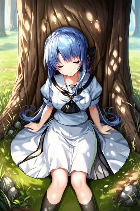 score_9, score_8_up, score_7_up, score_6_up, rating_safe, source_anime, best quality, masterpiece, detailed background, detailed eyes, solo, sitting on ground, against tree, sleeping, closed eyes, parted lips, round mouth, <lora:sorakado-ao-xl-06:1>, sorakado ao, white school uniform, white skirt, black socks, medium breasts, full breasts,