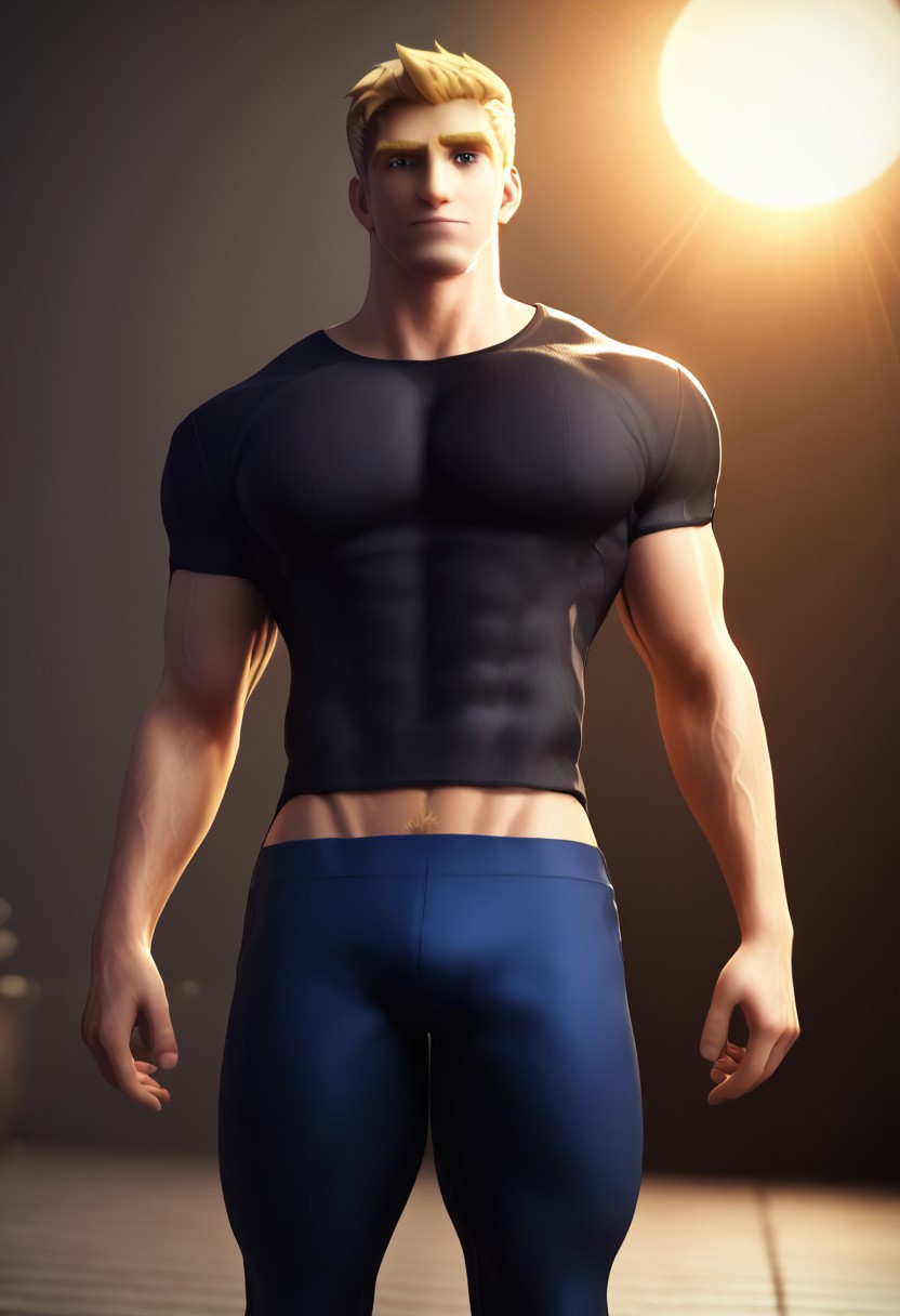 score_9, score_8_up, score_7_up, score_6_up, 8k, highest quality, high detail, masterpiece, best quality, volumetric lighting, perfecteyes, (highest quality), (best shadow), intricate details, ultra-detailed face, detailed eyes, perfect face, detailed eyes, (masculine, 1male, jackm, mature male, blonde hair, short hair, sideburns, blue eyes, muscular, thick eyebrows,), ultra sharp focus, bara, black compression shirt, t-shirt, blue-ish black pant, wide hips, large pectorals, small waist, wide back, thick thighs, big arms, looking at viewer, backlighting,  cowboy shot, dynamic pose