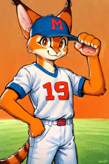(anthro caracal cat girl:1.2),brown hair,baseball cap,Baseball shirt,paws,smile,solo
illustration,tezuka osamu,looking at viewer,baseball field,Hit a baseball
<lora:Perfect Hands:1> <lora:age_slider_v4:-2> <lora:osamu:0.8>, score_9, score_8_up, score_7_up, score_6_up, score_5_up, score_4_up,zPDXL