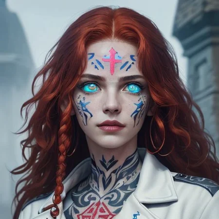 bright red hair, human female, (feminine:1.7), (beautiful face, detailed face:1.6), (beautiful eyes, detailed eyes:1.7), (looking at viewer, eye contact, intense:1.6), (long hair, red hair, curly hair:1.3), , ((masterpiece, best quality, high resolution, realistic, best quality,)), photo realistic, Perfect Face, (detailed face). <lora:GoodHands-vanilla:0.6> <lora:add-detail-xl:0.8>, mage, (Dress White military uniform coat), dagger, rune dagger, glowing runes, , (((glowing magic symbols tattoos, religious tattoos))), ((face tattoos)), glowing tattoos, stone tower in the background