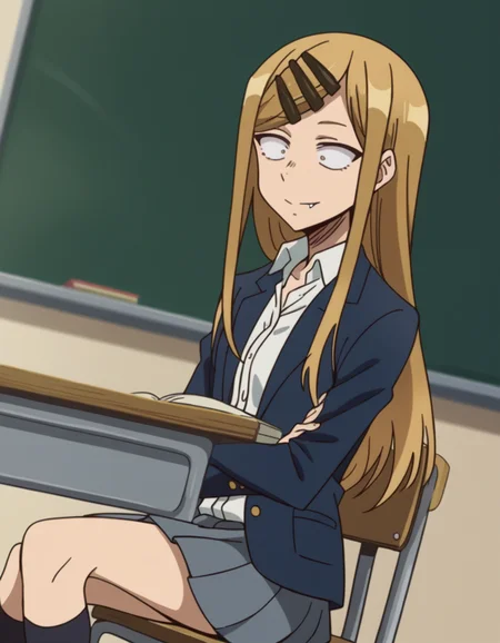 score_9, score_8_up, score_7_up, source_anime, <lora:saya-endou-s2-ponyxl-lora-nochekaiser:1>, saya endou, long hair, blonde hair, hair ornament, brown eyes, hairclip, fang, wide-eyed, constricted pupils, sanpaku,, skirt, shirt, hair ornament, school uniform, jacket, pleated skirt, socks, blazer,, classroom, chalkboard, day time, studying, sitting, chair, desk,, smile, , arm crossed over chest, solo,, cowboy shot, dutch angle