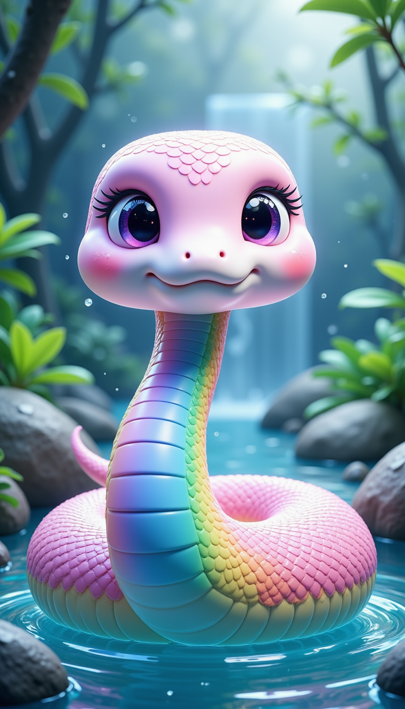 pinkchibisnakeyear,
A magical snake with shimmering rainbow scales, resting by a crystal-clear waterfall surrounded by lush greenery and sparkling dew.