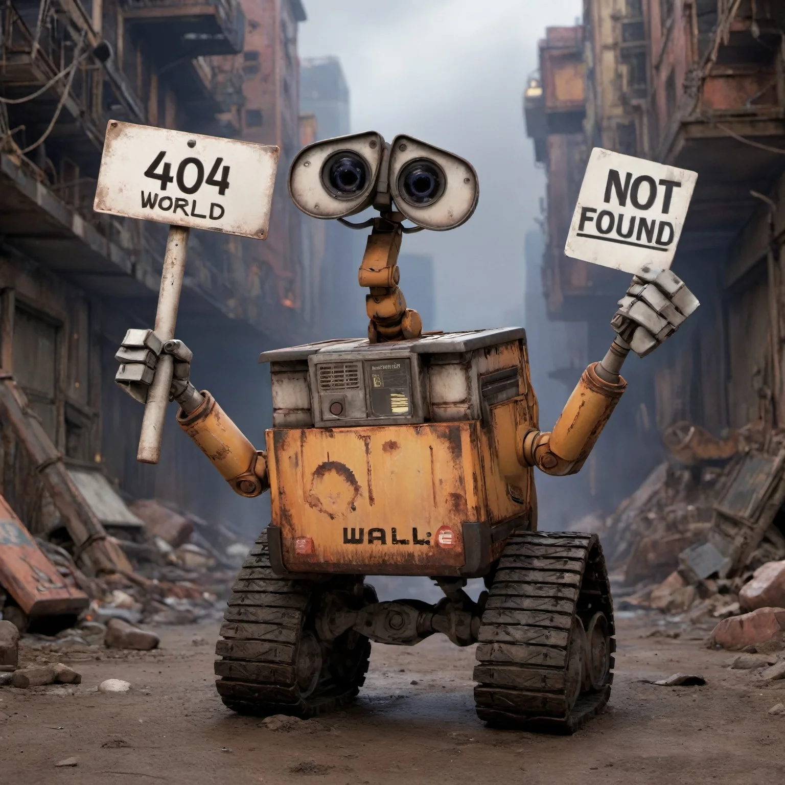 Disney Pixar style, walle, (holding a sign with text as "404", style_bebas:1.2), dirty world, end of the world, in a dead end, <lora:textxl:0.5>, <lora:walle:0.5>, 8k, uhd, dslr, insane details, award-winning photo