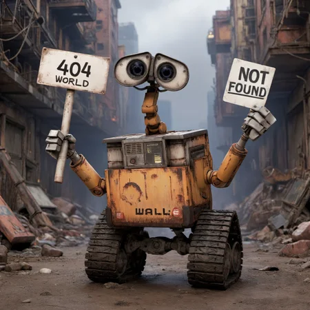 Disney Pixar style, walle, (holding a sign with text as "404", style_bebas:1.2), dirty world, end of the world, in a dead end, <lora:textxl:0.5>, <lora:walle:0.5>, 8k, uhd, dslr, insane details, award-winning photo