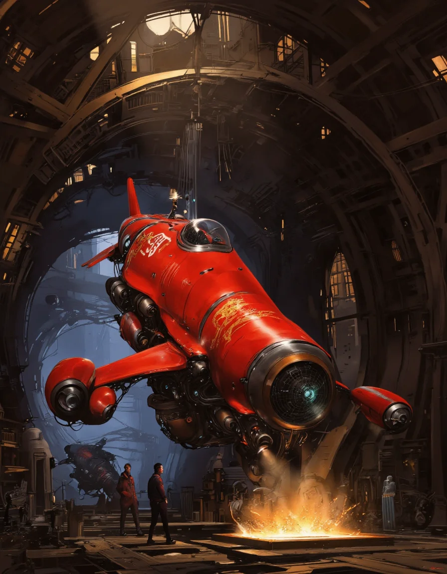 Art by Alejandro Burdisio. A digital illustration shoot from below about a futuristic flying vehicle in a dimly lit industrial setting, featuring a large, red, futuristic spaceship with a sleek, streamlined design and intricate details. the spaceship is in the center of the image, flying through the air with its large, circular engine visible. it has a number "35" on the side, and is adorned with a dragon emblem on its body. the spacecraft is suspended in mid-air, with two men standing on either side of it, one wearing a red jacket and the other wearing a black jacket. the scene is set in an industrial environment with tall, arched structures and machinery in the background, and the lighting is warm and dramatic, casting a golden glow on the scene. the overall atmosphere is one of high-tech, sci-fi, and futuristic design.