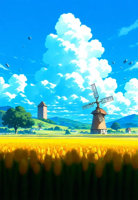 masterpiece, best quality, good quality, very awa, very aesthetic, absurdres, highres, corn field, floating rocks, farm, farm windmill, fantasy, hanging trees, impresionist, sky, clouds, anime, scenery, windy, dreamscape, depth of field, (((masterpiece,best quality,newest,)))