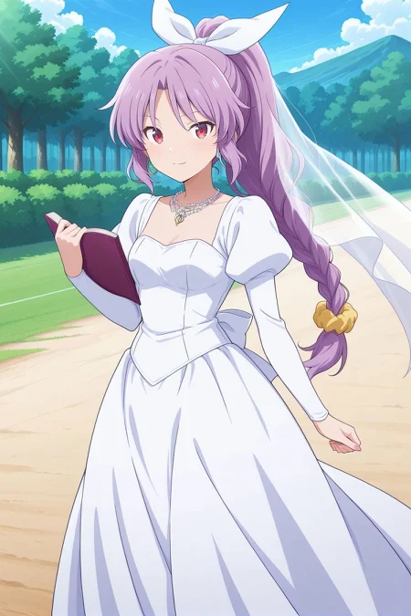 absurdres, highres, masterpiece, best quality, amazing quality, official anime artwork, screencap, anime screencap, outdoors, looking at viewer, light smile, dynamic pose, standing,
<lora:Watatsuki-no-Yorihime_Illustrious:1> watatsuki no yorihime, 1girl, solo, red eyes, puple hair, long hair, ponytail, small breasts,, watatsuki no yorihime \(shining white sword tamayorihime\), alternate costume, alternate hairstyle, hair ribbon, white ribbon, single braid, yellow scrunchie, bridal veil, bride, earrings, necklace, jewelry, supportasse, wedding dress, white dress, long dress, long sleeves, puffy sleeves, veil, holding book, purple book,