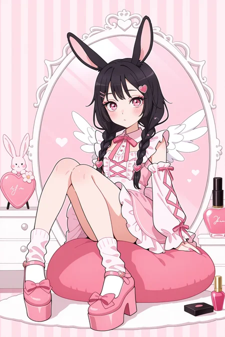 <lora:SonoBisque:1>, SonoBisque, eyelashes, 1girl, pink eyes, mirror, hair ornament, solo, pink theme, braid, black hair, twin braids, long hair, wings, flower, heart hair ornament, heart, socks, ribbon, looking at viewer, bow, dress, detached sleeves, sitting, animal ears, hairclip, frills, fruit, blush, pink bow, jewelry, platform footwear, rabbit ears, pink nails, food, cosmetics, stuffed toy, nail polish, full body, perfume bottle, white wings, rabbit, shoes, stuffed animal, pink ribbon, closed mouth, twintails