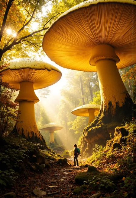 A sci-fy landscape featuring an enchanted forest filled with massive, oversized yellow mushrooms with realistic textures and glowing edges with twisted veins. The forest floor is covered in vibrant autumn foliage and soft moss. Sunlight filters through a gentle mist, casting warm golden beams across the scene. A lone adventurer, a small human figure with a backpack, walks down a narrow forest path, emphasizing the scale of the gigantic mushrooms. The atmosphere is whimsical, magical, and dreamlike, with a surreal balance of realism and fantasy elements. Soft focus in the background enhances the depth and otherworldly feel