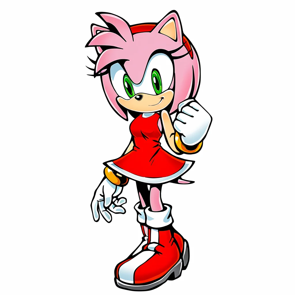 score_9, score_8_up, score_7_up, score_6_up, score_5_up, score_4_up, BREAK, <lora:Amy_Rose:1>, amy rose, 1girl, smile, short hair, simple background, gloves, white background, dress, jewelry, closed mouth, standing, full body, hairband, boots, sleeveless, white gloves, flat chest, skin tone arms, bracelet, sleeveless dress, looking down, red dress, happy, red footwear, clenched hand, furry, furry female, red hairband, animal nose, solo, green eyes, animal ears, pink hair, pink fur, looking at viewer, medium breasts,