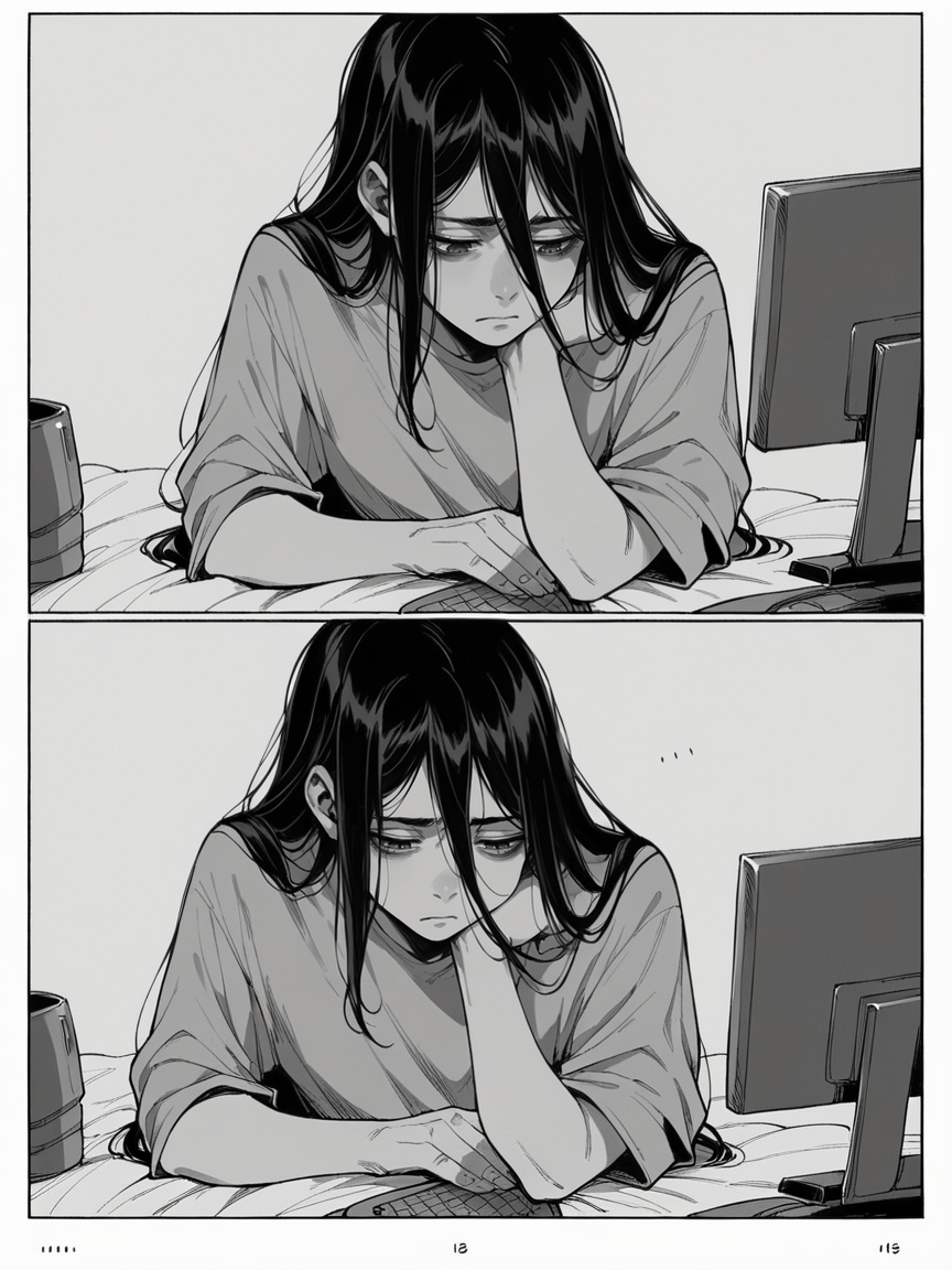 score_9, score_8_up, score_7_up, score_6_up, m4ng4, manga, monochrome, greyscale, (long hair:1.2), 1boy, comic, <lora:m4ng4XLP:1> panels, black hair, tired, computer