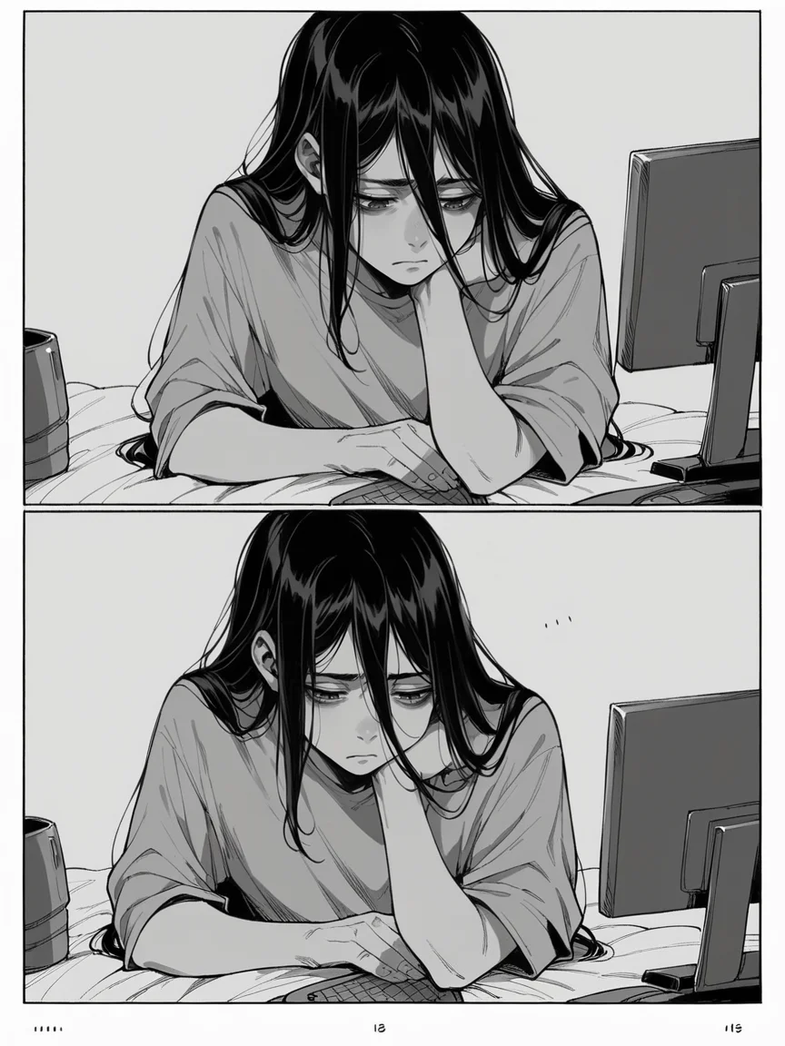 score_9, score_8_up, score_7_up, score_6_up, m4ng4, manga, monochrome, greyscale, (long hair:1.2), 1boy, comic, <lora:m4ng4XLP:1> panels, black hair, tired, computer