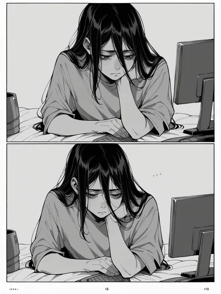 score_9, score_8_up, score_7_up, score_6_up, m4ng4, manga, monochrome, greyscale, (long hair:1.2), 1boy, comic, <lora:m4ng4XLP:1> panels, black hair, tired, computer
