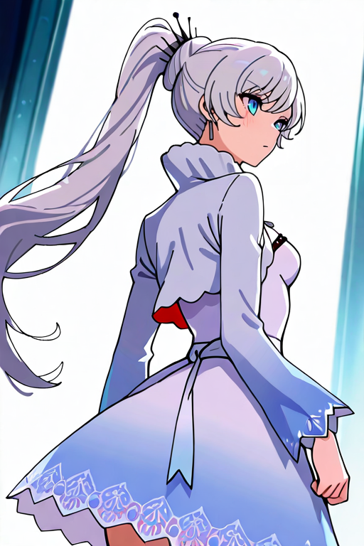 masterpiece, High quality, Ultra detailed, 2d, newest, absurdres, highres, BREAK
1girl, solo, <lora:weiss_schnee:0.8>, weiss_schnee, long hair, ponytail, white hair, blue eyes, scar across eye, earrings, jewelry, necklace, 
small breasts, weissdef, long sleeves, cropped jacket, high collar, white dress, 
from behind,