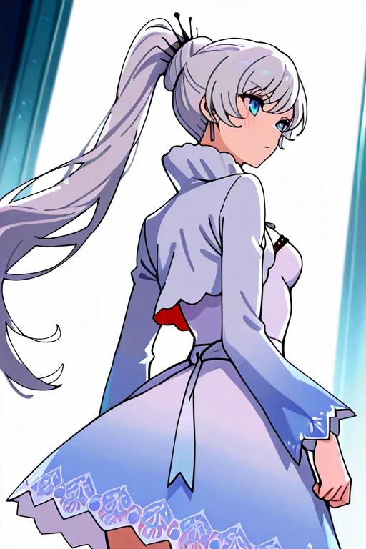 masterpiece, High quality, Ultra detailed, 2d, newest, absurdres, highres, BREAK
1girl, solo, <lora:weiss_schnee:0.8>, weiss_schnee, long hair, ponytail, white hair, blue eyes, scar across eye, earrings, jewelry, necklace,
small breasts, weissdef, long sleeves, cropped jacket, high collar, white dress,
from behind,