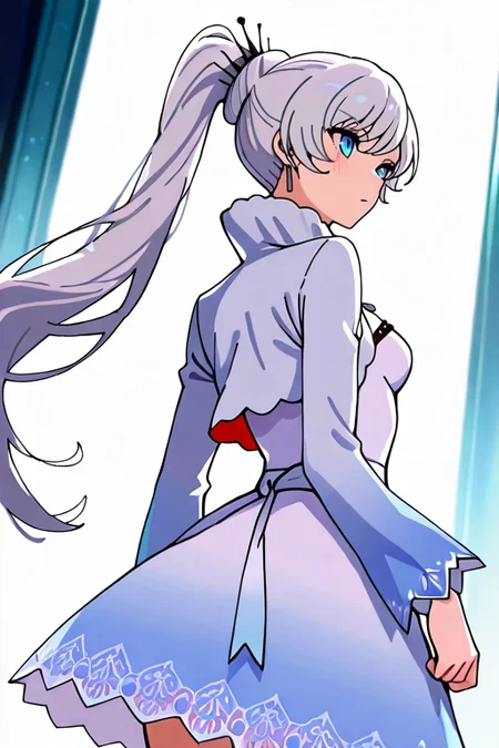 masterpiece, High quality, Ultra detailed, 2d, newest, absurdres, highres, BREAK
1girl, solo, <lora:weiss_schnee:0.8>, weiss_schnee, long hair, ponytail, white hair, blue eyes, scar across eye, earrings, jewelry, necklace, 
small breasts, weissdef, long sleeves, cropped jacket, high collar, white dress, 
from behind,
