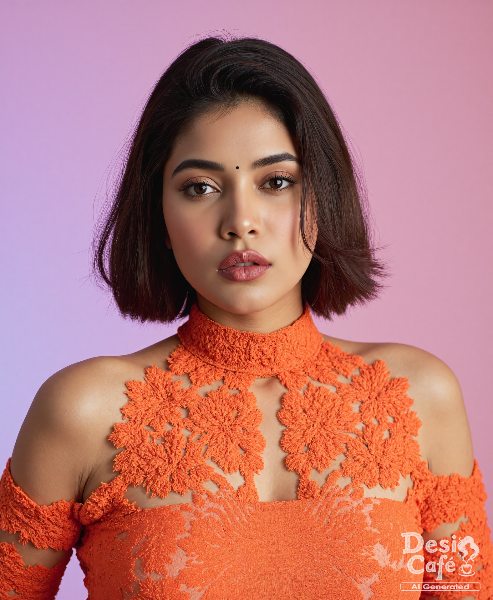 from front photo of woman with d351 h0nth lips, hyper realistic photo that is safe for work, serious, studio quality image with natural colors, well dressed wearing intricate turtleneck Orange floral summer dress, hair styled as  bob,muted pastel shaded multicolored background that contrasts with the person, cinematic lighting,ââ   <lora:d351 h0nth - Pouty Indian Lips - V2:1>âââ