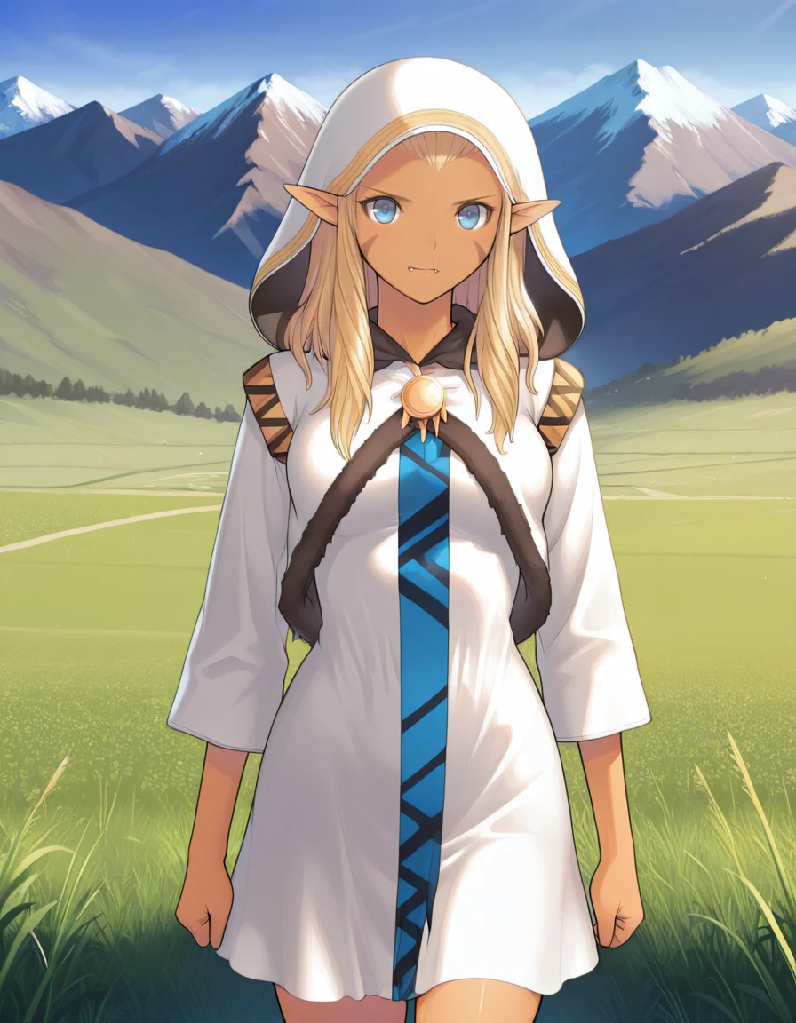 <lora:1_illu_tony_26e:1> tonyt, 1girl, solo, <lora:1_illu_jessica_40e:1> j3ss1c4, blue eyes, blonde hair, long hair, tan skin, fangs, facial mark, pointy ears, hood, dress, closed mouth, cowboy shot, walking, field, mountains, tress, (masterpiece, best quality, amazing quality)