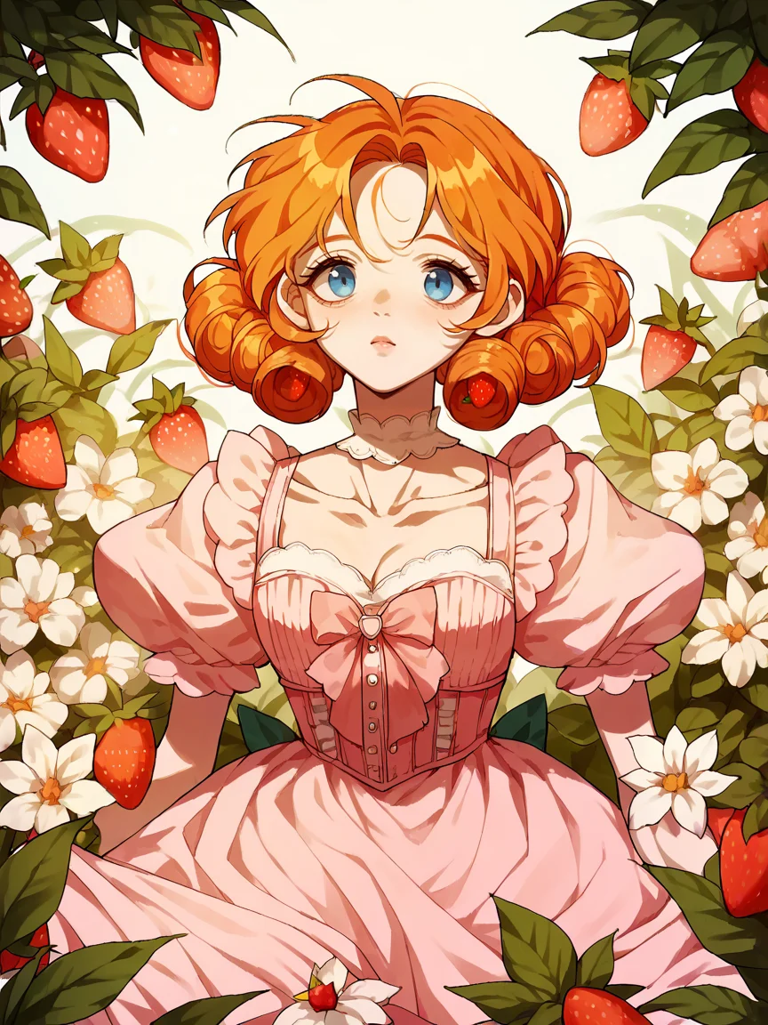 score_9, score_8_up, score_7_up, score_6_up, score_5_up, <lora:lalangheejXLP:1> lalangheej, 1girl, puffy sleeves, dress, strawberry, pink dress, ginger hair, blue eyes,