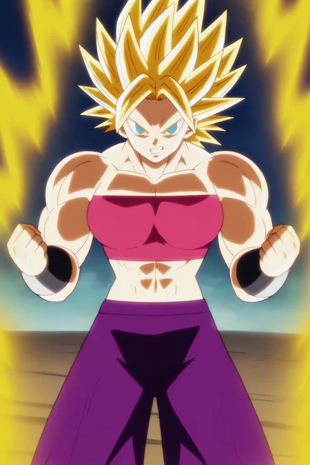 source_anime, score_9, score_8_up, score_7_up, anime screencap,8k, absurd res,
caulifla, official style, super saiyan, ssj grade 3, 1girl, solo, breasts, blue eyes, blonde hair, teeth, midriff, pink tube top, abs, spiked hair, clenched teeth, clenched hands, tube top, bracer, aura, v-shaped eyes, v-shaped eyebrows, purple pants, looking at another, biceps, shiny hair, shiny skin, cowboy shot, muscular female
<lora:caulifla_pony_v2:0.8>