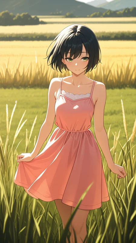 masterpiece, best quality, amazing quality, girl, dorsiflexion, <lora:Song-Yi Han - Illu:0.9>, short hair, black hair, green eyes, pink sundress, open field, tall grass, blurry foreground, depth of field,