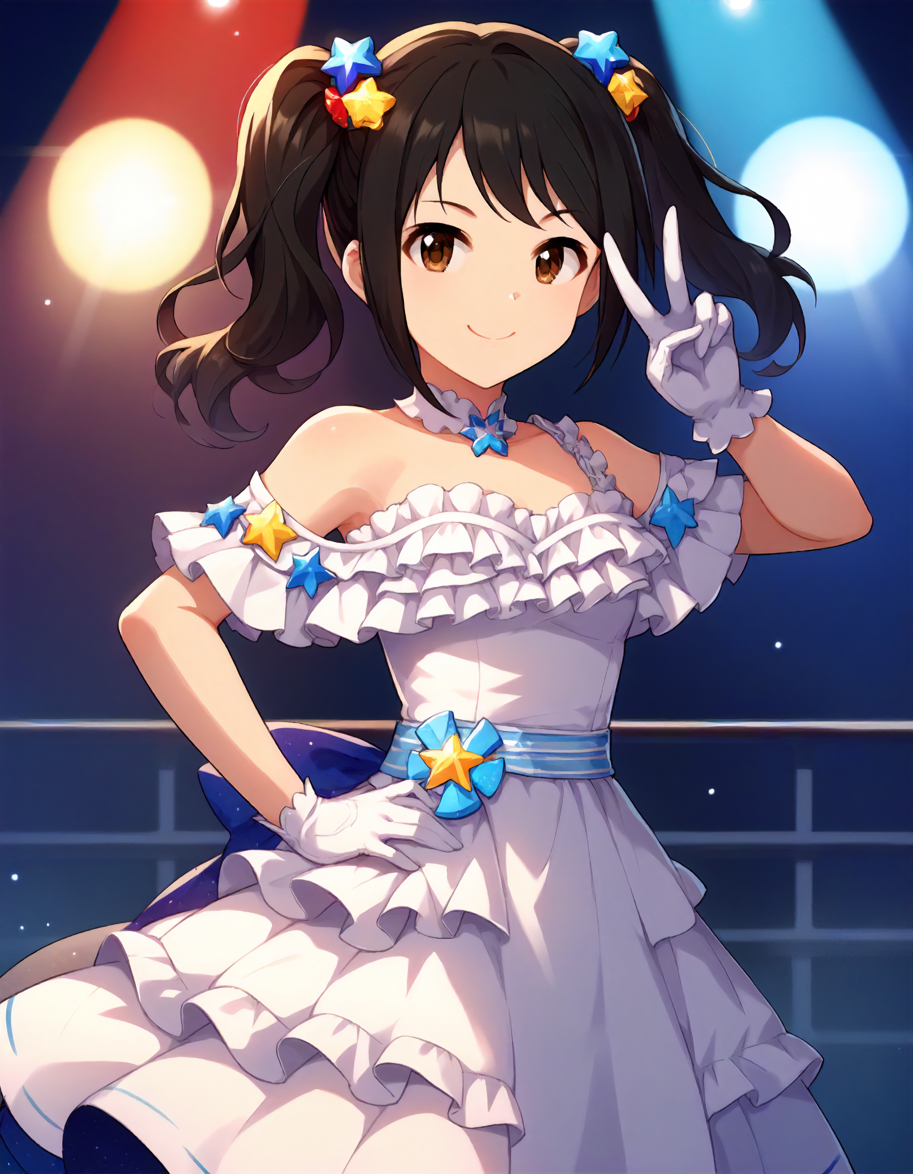score_9,score_8_up,score_7_up,1girl,solo,cowboy shot,looking at viewer,smile,closed mouth,hand on hip,v,stage lights,
<lora:nakanoyuka_ponyXLV6:0.8>,cgnyk,
black hair,twintails,brown eyes,
hair ornament,white dress,off shoulder,frills,white gloves