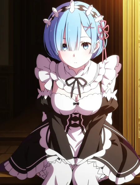 <lora:Rem Illu:1>1girl, solo,
r3m, short hair, blue hair, blue eyes, x hair ornament, hair ribbon,
roswaal mansion maid uniform, sitting, white thighhighs,
anime screencap
<lora:cfg_scale_boost:1>, masterpiece, best quality